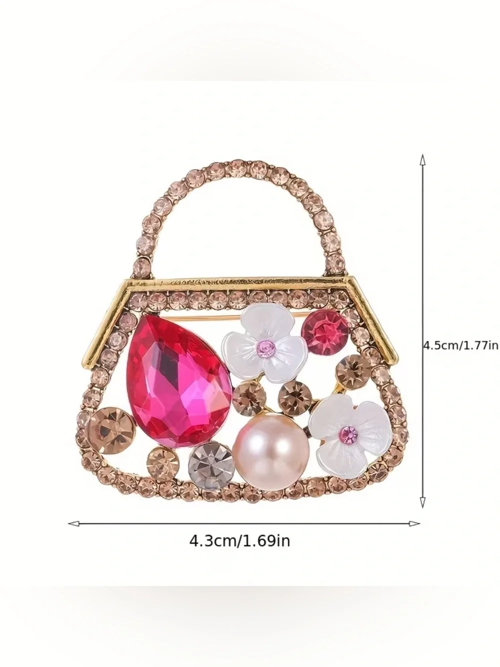 gold-toned retro handbag brooch rhinestones artificial pearls floral Women’s Jew